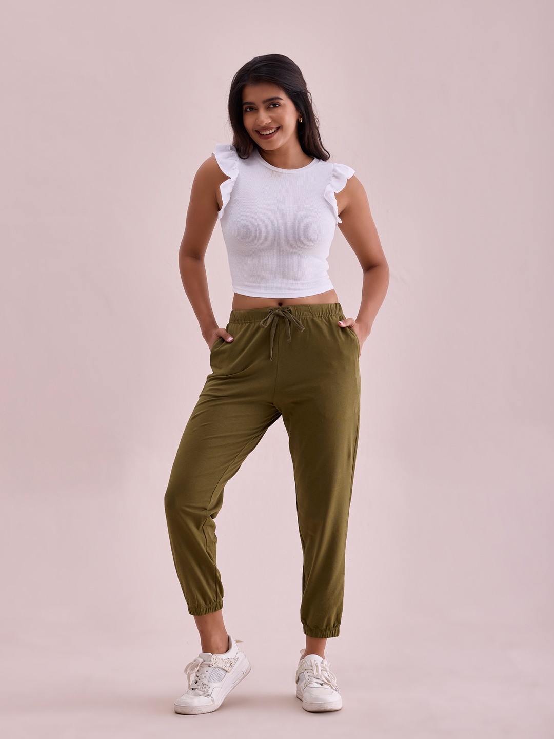 Go Colors Women Mid Rise Regular Fit Joggers, Olive