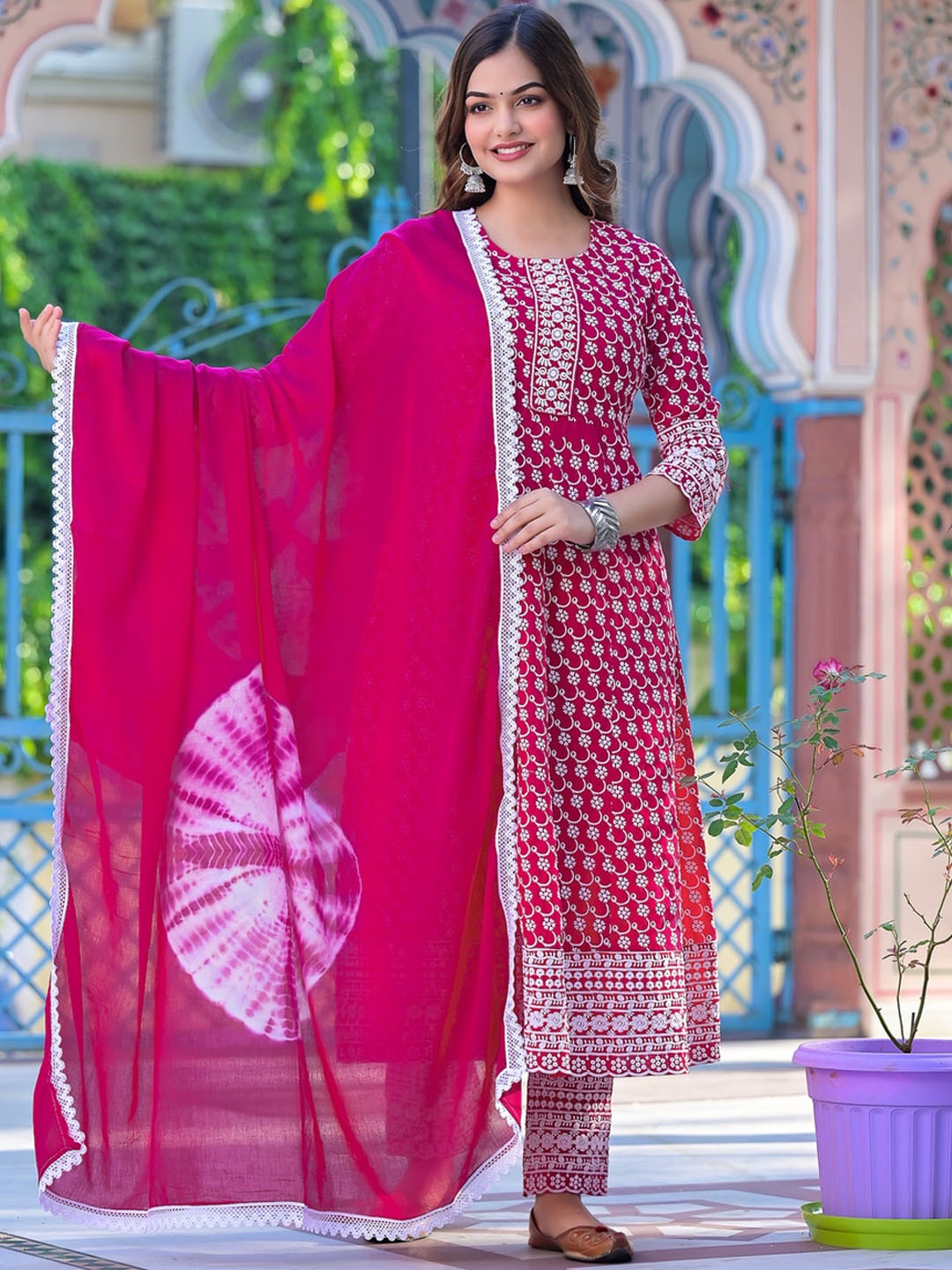 

D K W Floral Embroidered Chikankari Pure Cotton Kurta With Trouser & Dupatta, Magenta