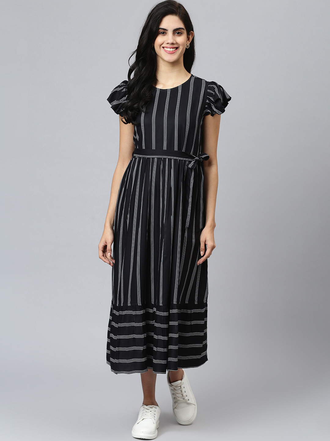 

Chemistry Striped Flutter Sleeve Crepe A-Line Midi Dress, Black