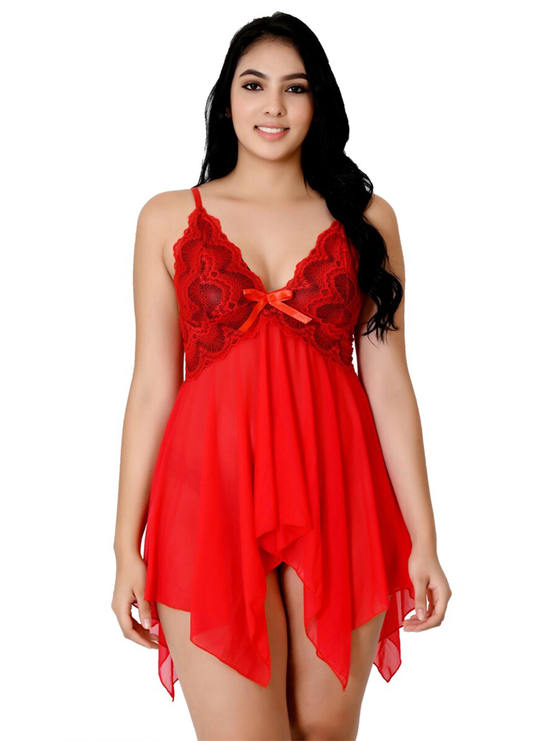 

Fihana Self Design Net Baby Doll with Briefs, Red