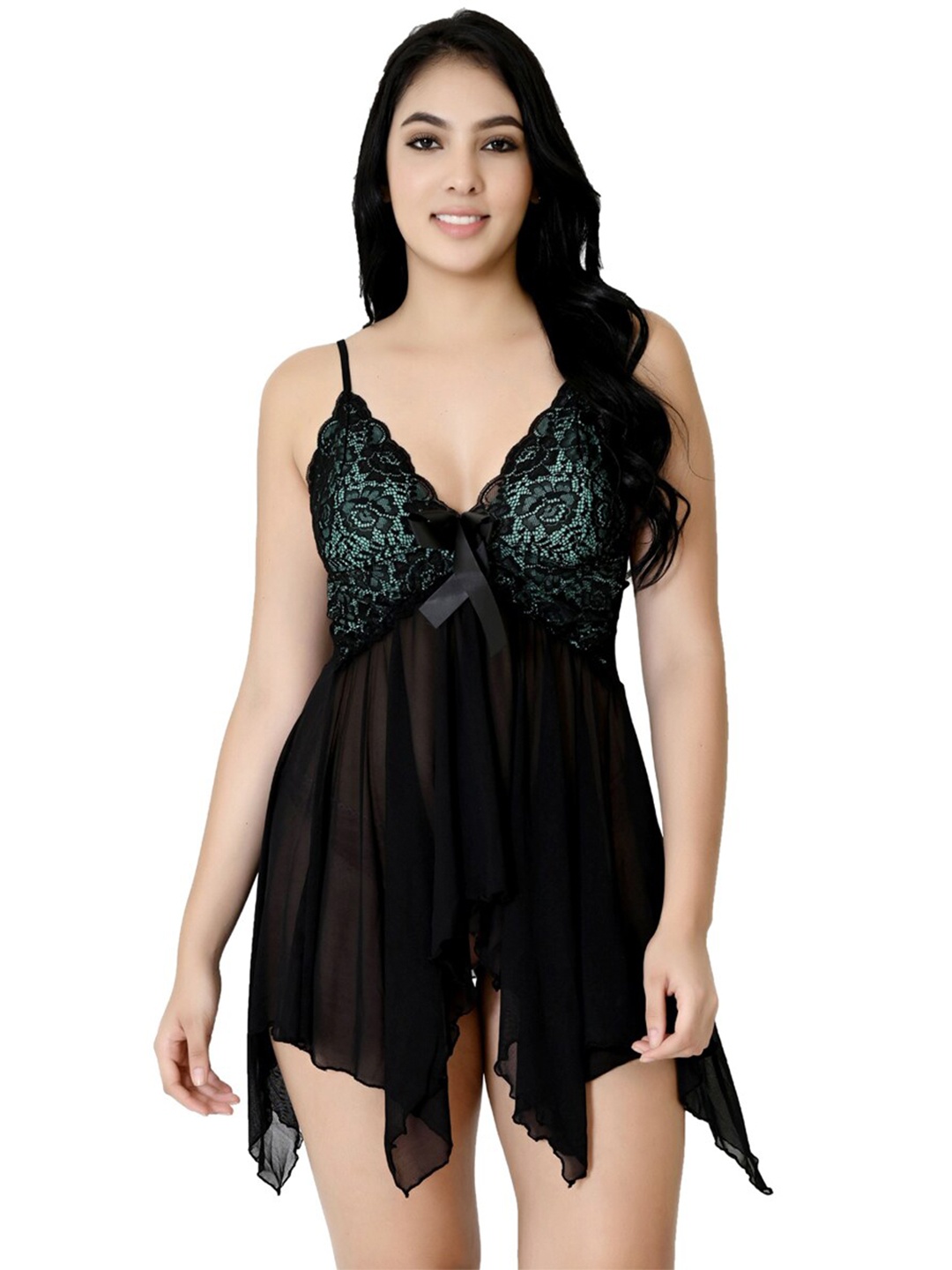 

Fihana Self Design Net Baby Doll with Briefs, Black