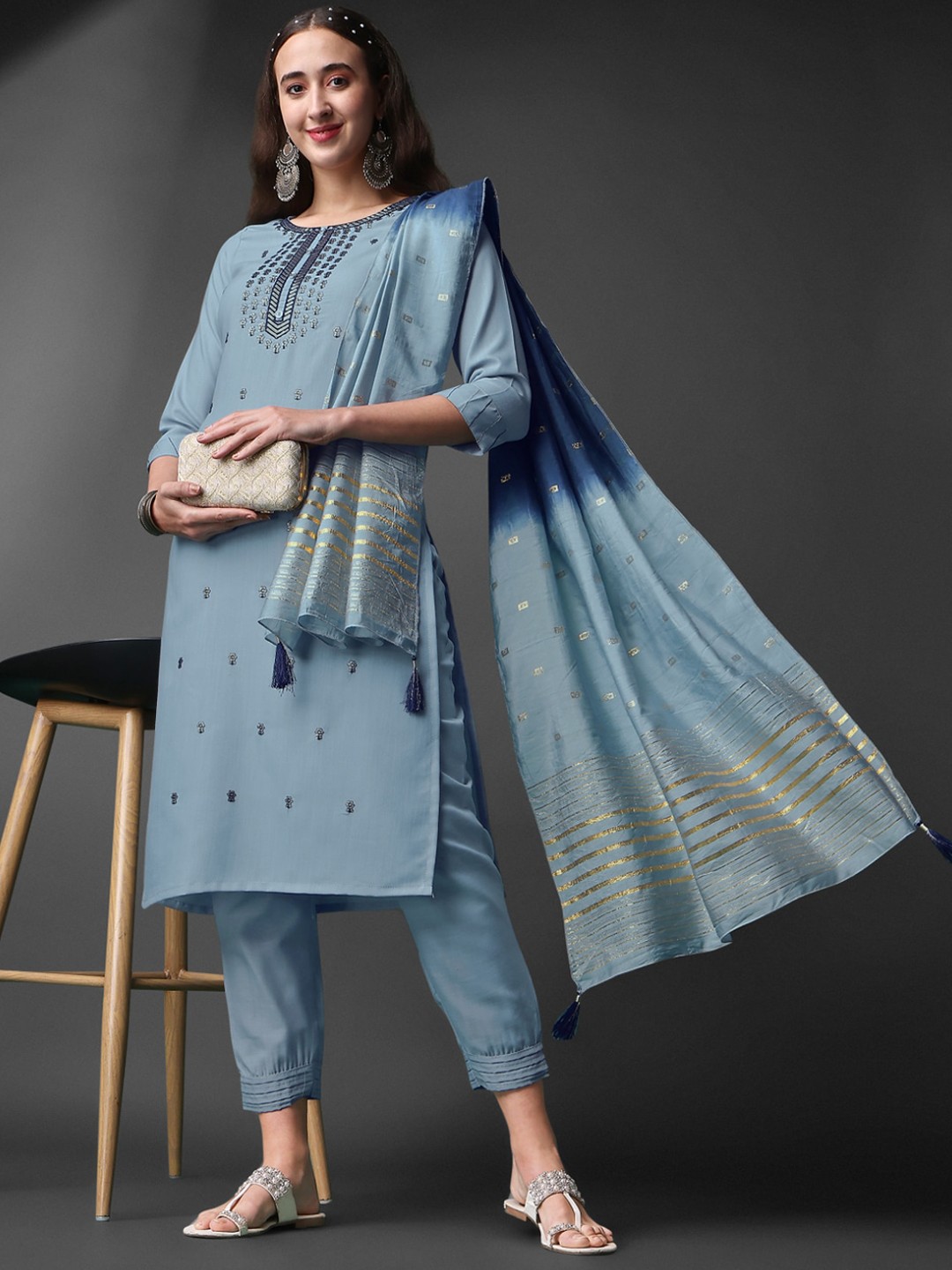 

Ekasya Floral Embroidered Round Neck Thread Work Straight Kurta with Trousers & Dupatta, Blue