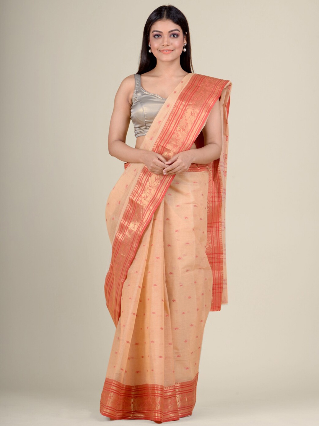 

Charukriti Ethnic Motifs Printed Woven Design Zari Pure Cotton Taant Saree, Beige