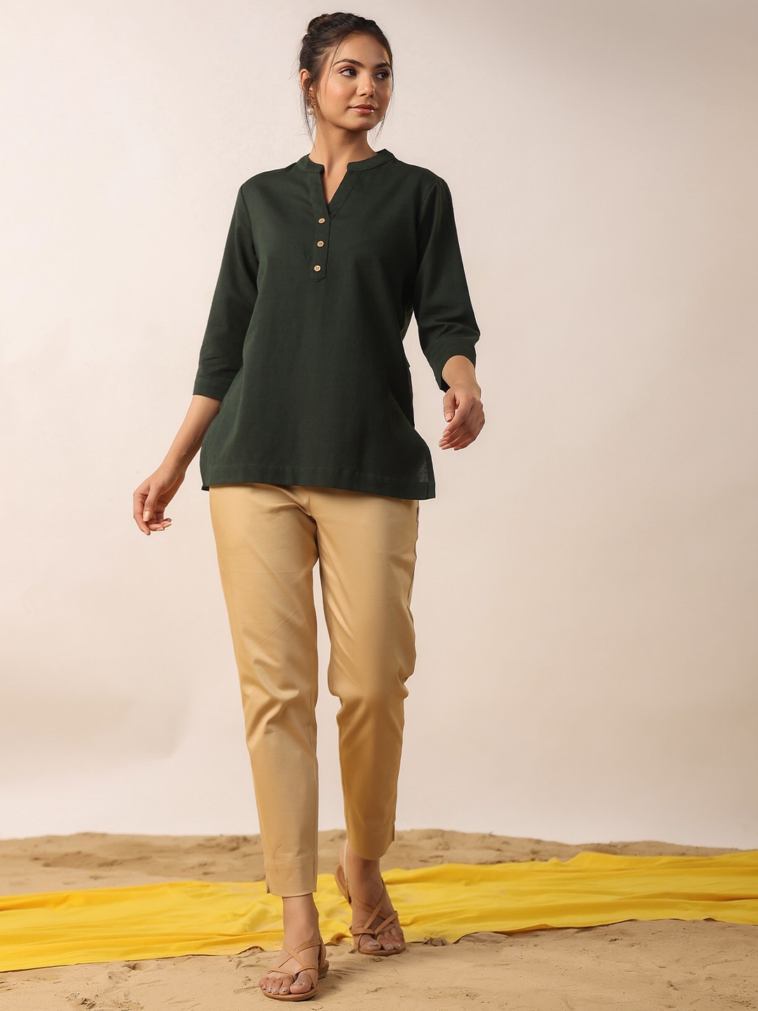

JISORA Mandarin Collar Cotton Shirt Style Top, Green