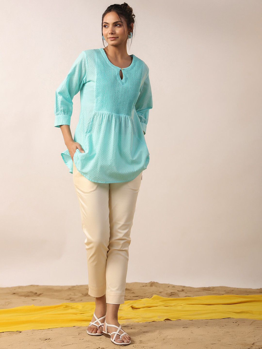 

JISORA Mandarin Collar Cotton Top, Blue