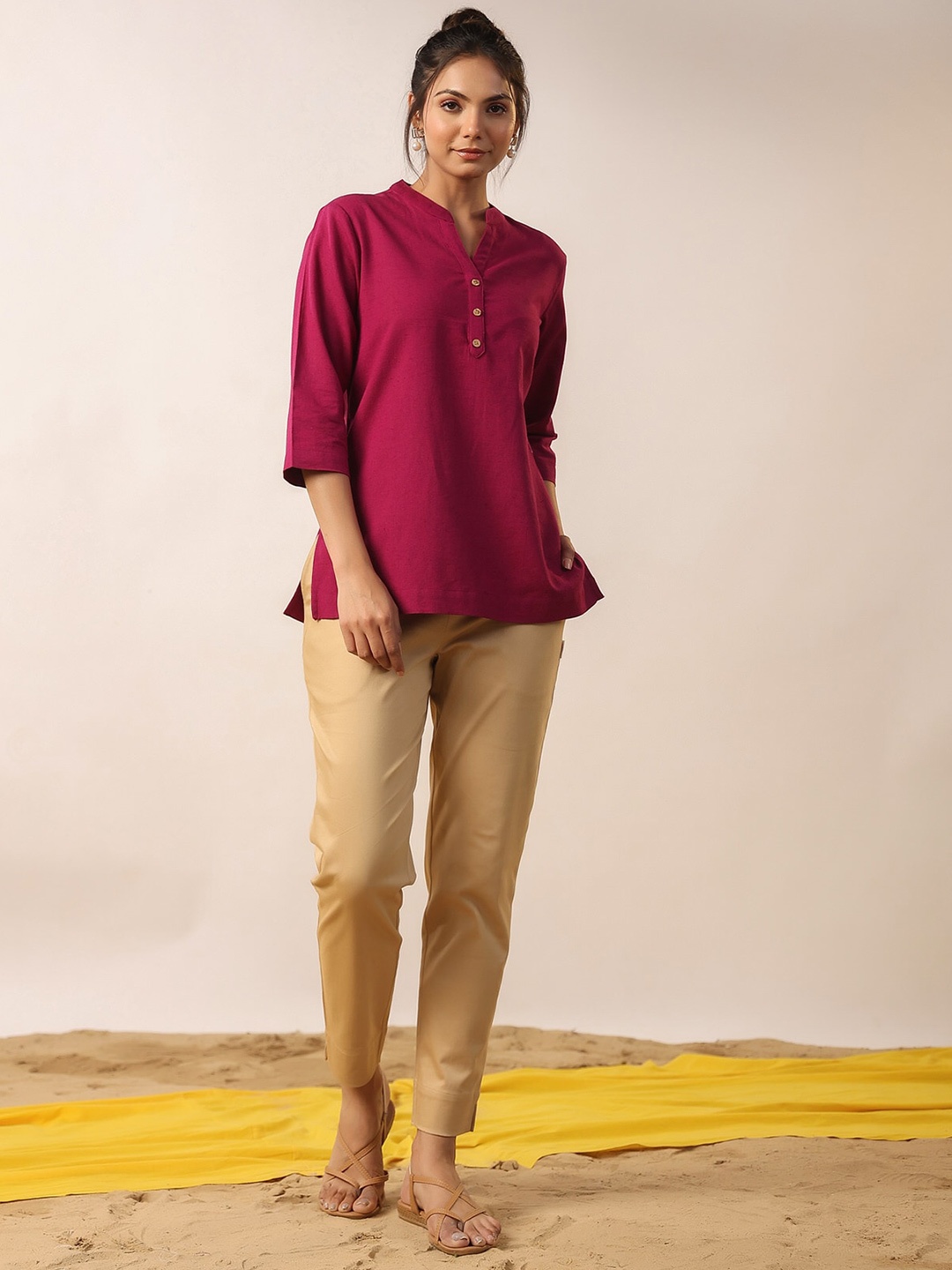 

JISORA Mandarin Collar Cotton Top, Magenta
