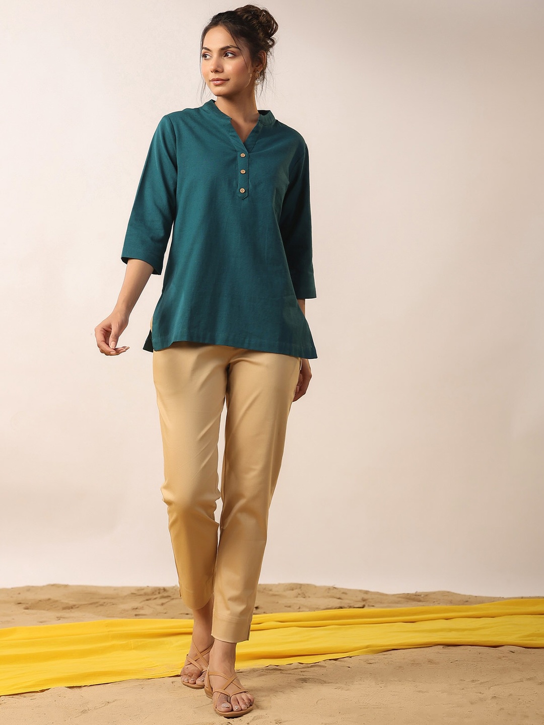 

JISORA Mandarin Collar Cotton Shirt Style Top, Green