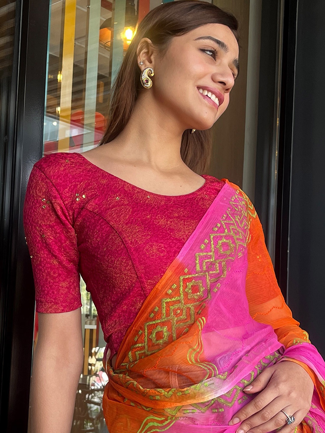 

Bindigasm's Advi Floral Printed Sequinned Stretchable Saree Blouse, Pink