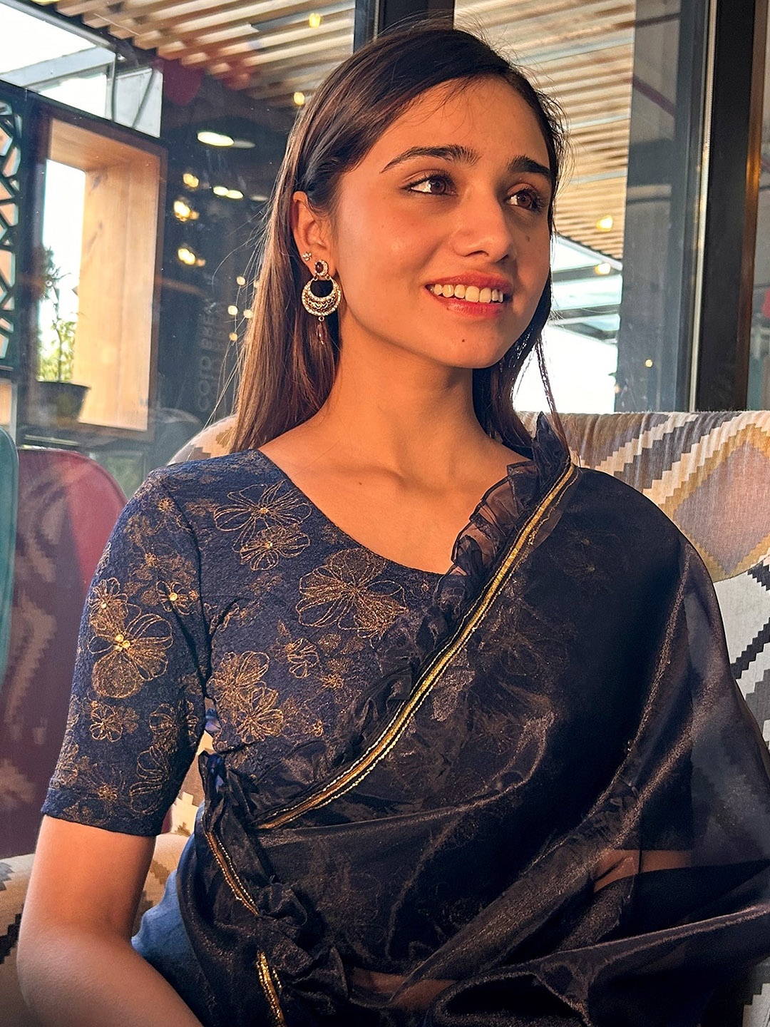 

Bindigasm's Advi Embellished Jacquard Saree Blouse, Navy blue