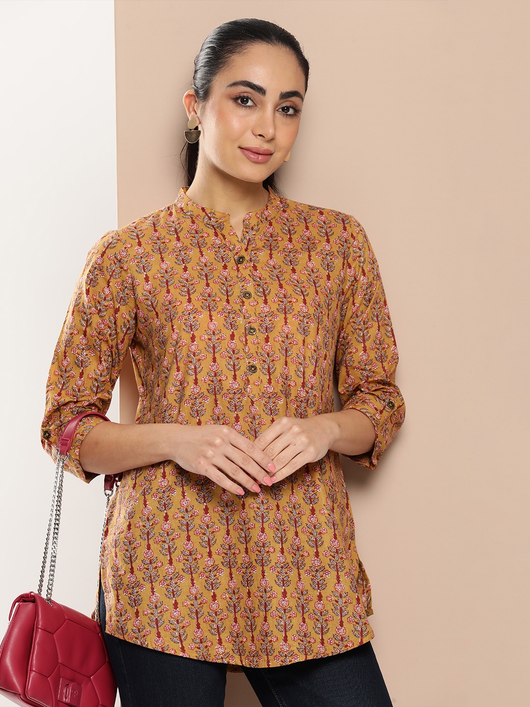 

AMUKTI Mandarin Collar Printed Ethnic Tunic, Mustard