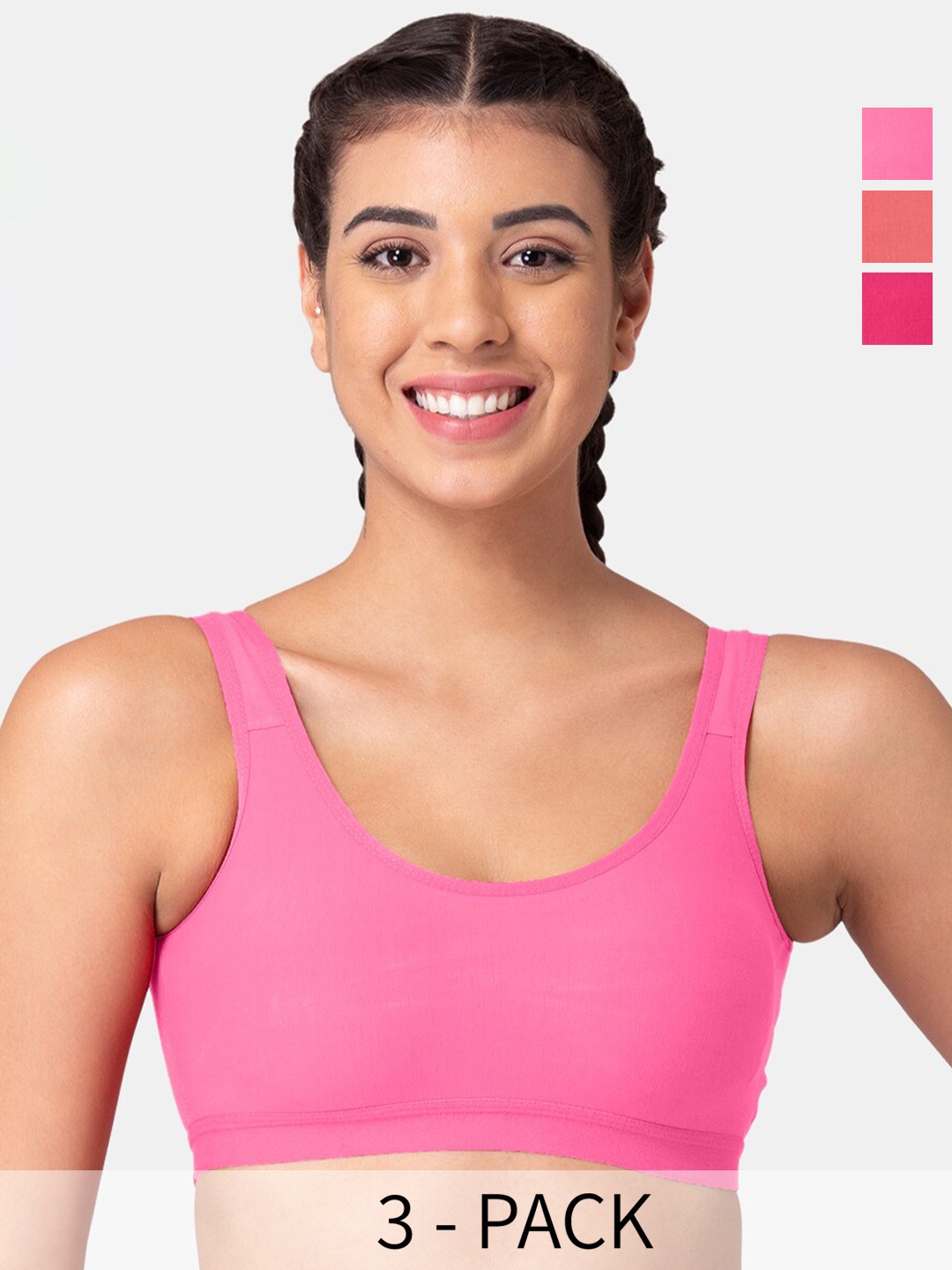 

Tweens Pack Of 3 Full Coverage Cotton Workout Bra All Day Comfort, Pink