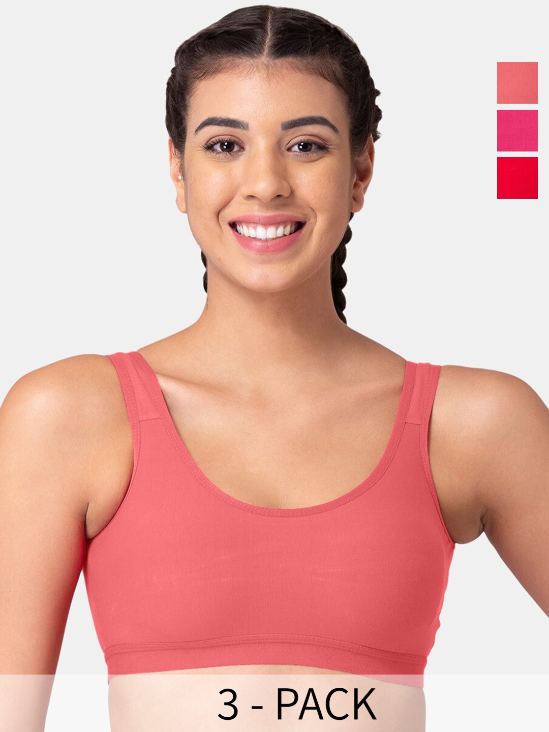 

Tweens Pack Of 3 Full Coverage Cotton Workout Bra All Day Comfort, Red