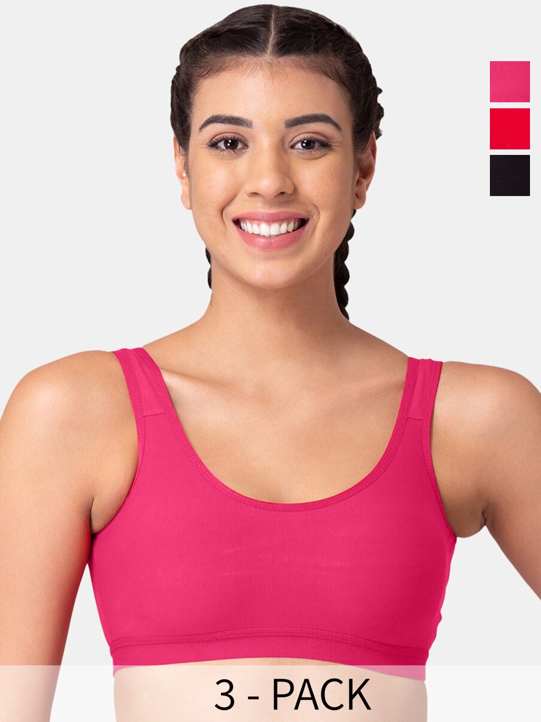 

Tweens Pack Of 3 Full Coverage Cotton Workout Bra All Day Comfort, Red