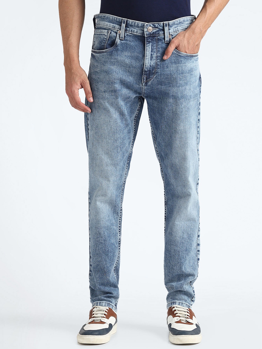 

Flying Machine Men Tapered Fit Low Distress Heavy Fade Stretchable Jeans, Blue