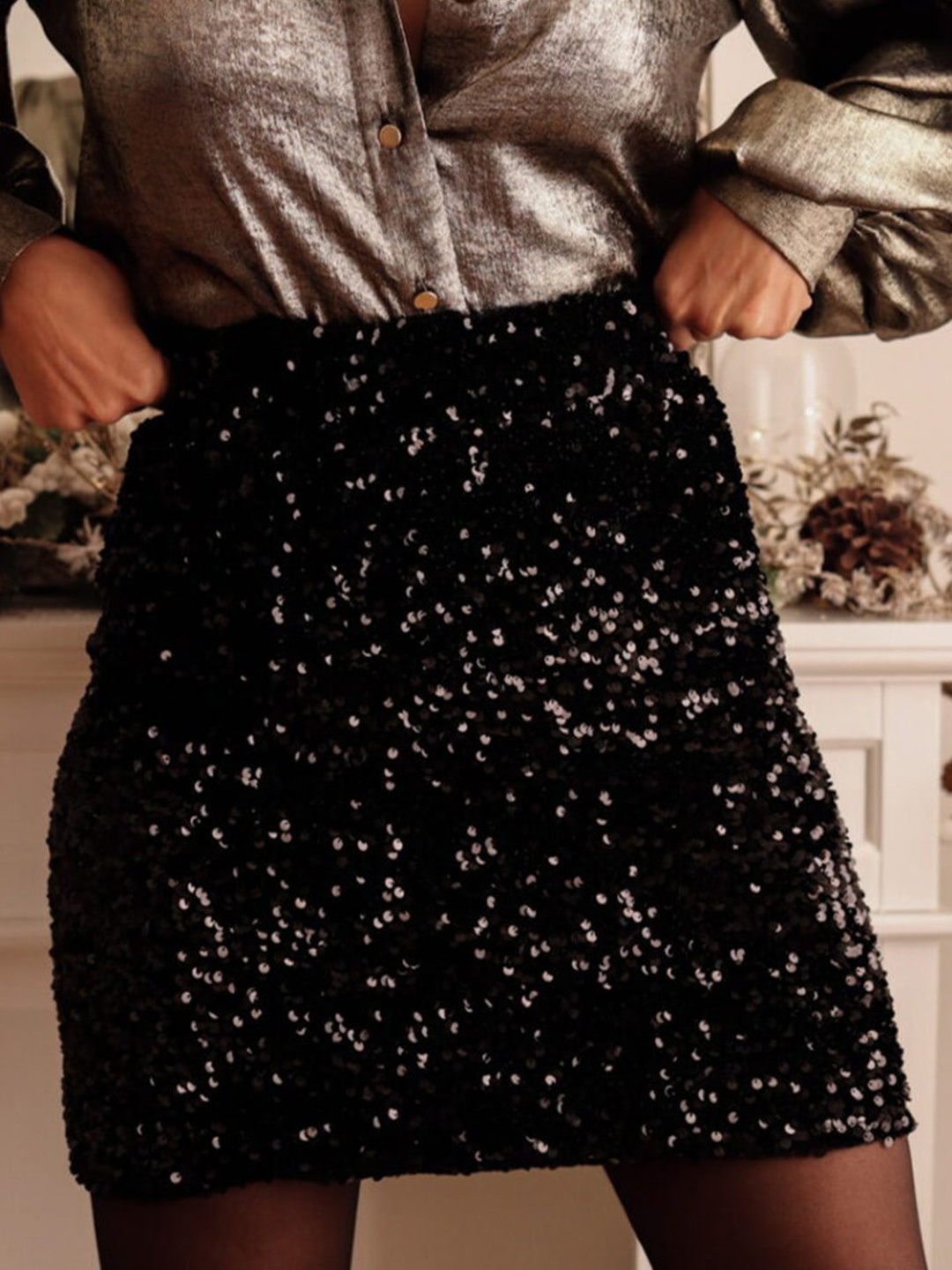 

StyleCast Black Embellished Straight Mini Skirt