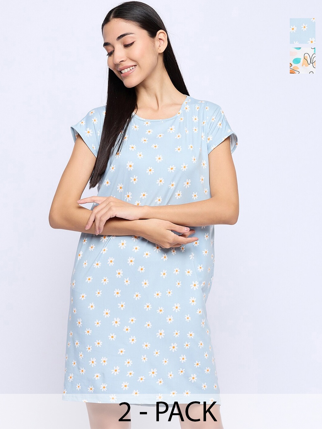 

Camey Pack Of 2 Printed T-Shirt Nightdress, Blue
