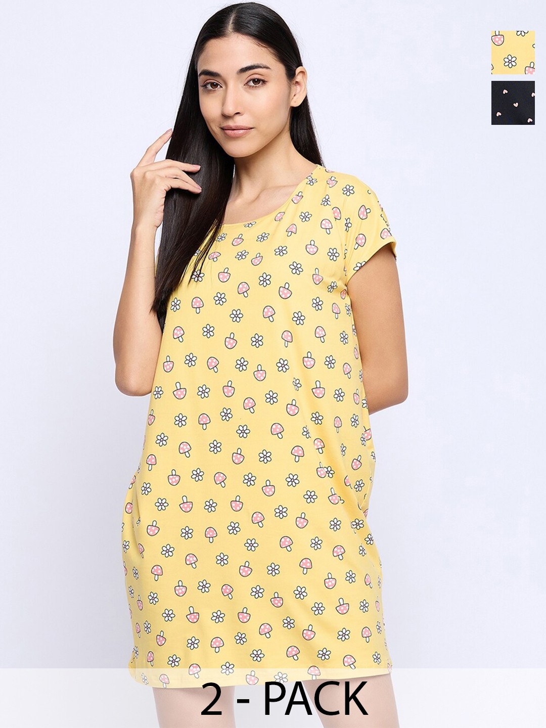 

Camey Pack Of 2 Floral Printed T-shirt Nightdress, Yellow