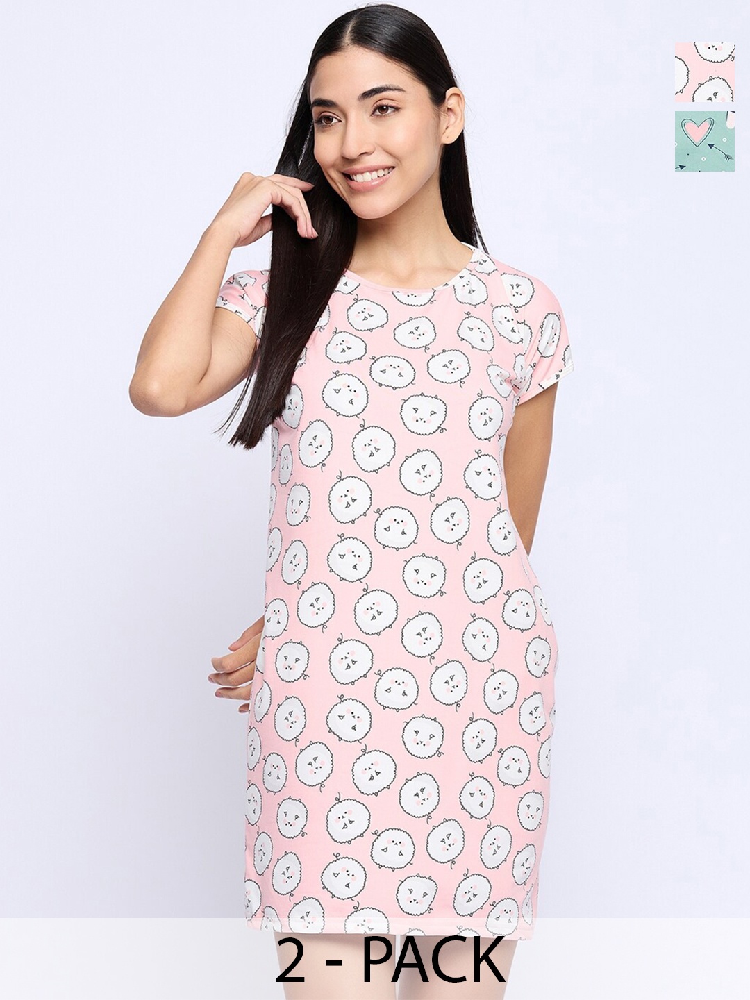 

Camey Pack Of 2 Conversational Printed T-shirt Nightdress, Pink