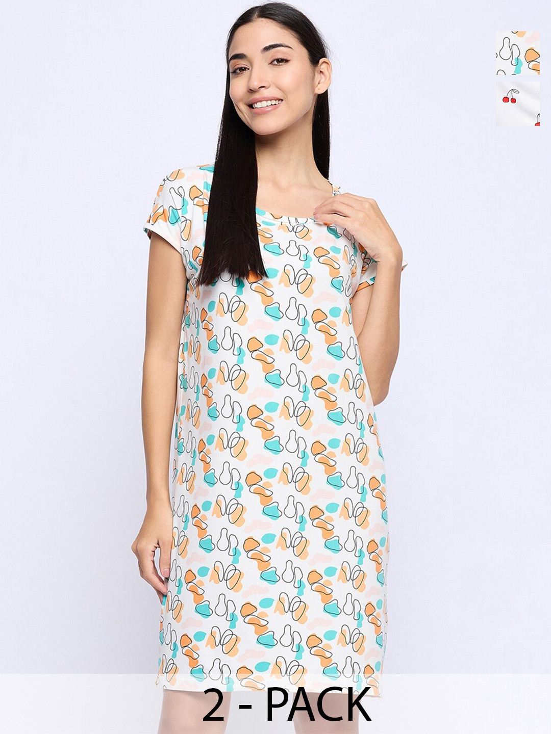 

Camey Pack Of 2 Printed T-Shirt Nightdress, White