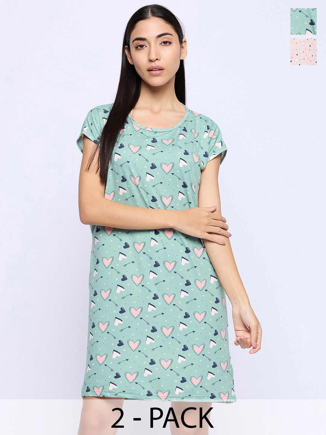 

Camey Pack Of 2 Conversational Printed T-shirt Nightdress, Green
