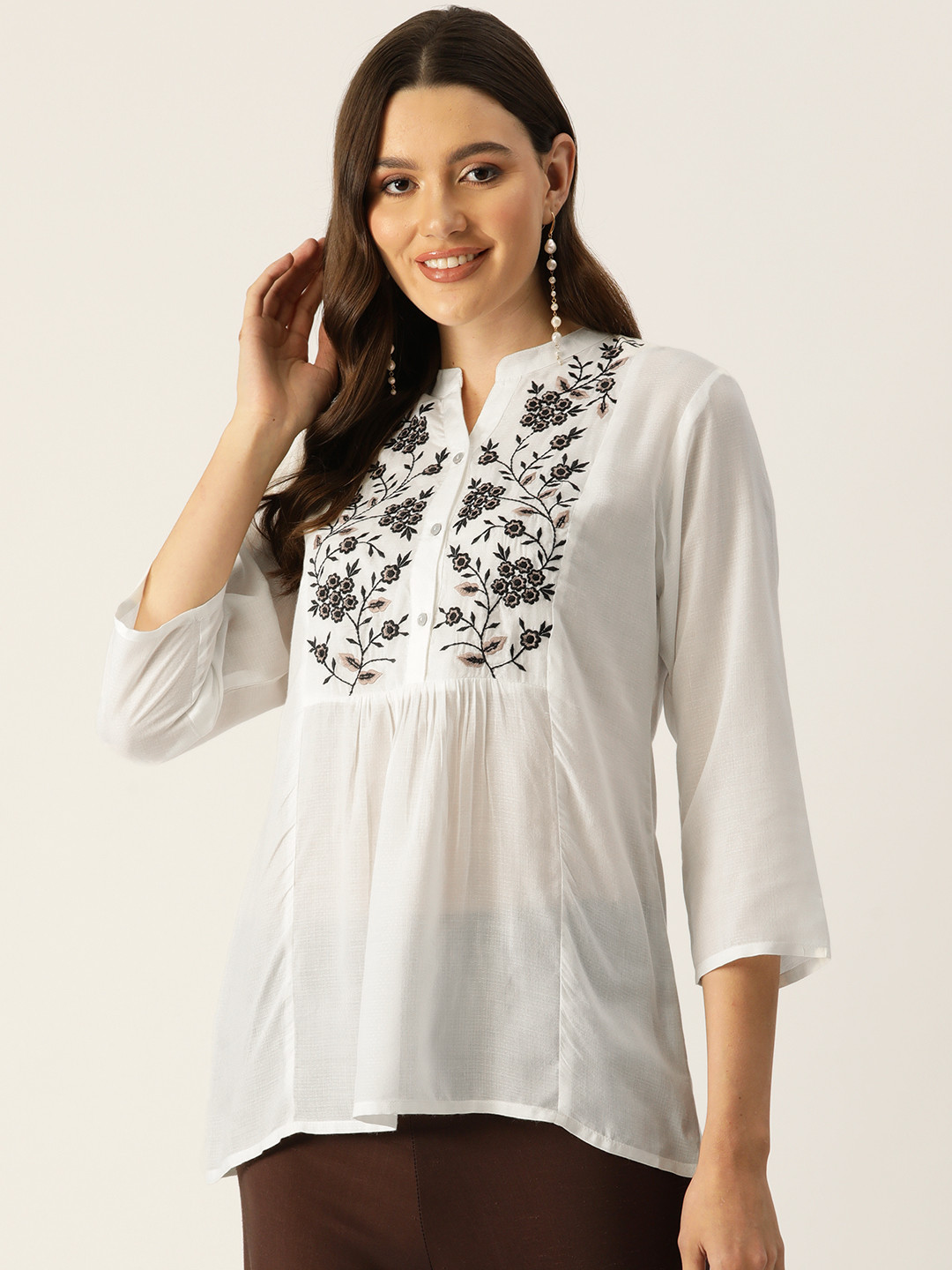 

MISRI Floral Embroidered Mandarin Collar Longline Top, White