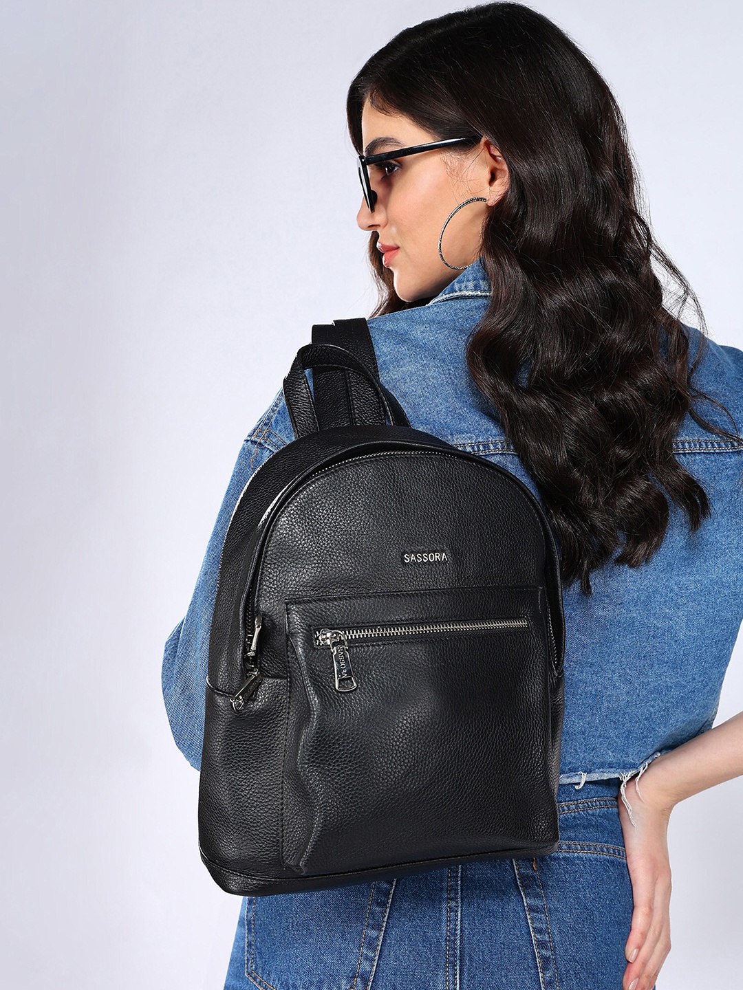 

Sassora Women Textured Leather Small Backpack with Compression Straps, Black