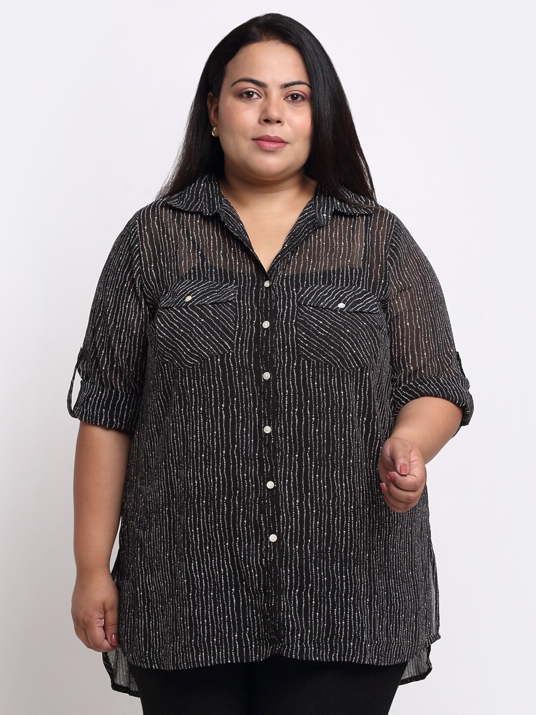 

sindrellastorie Plus Size Abstract Printed Shirt Collar Roll Up Sleeves Georgette Top, Black