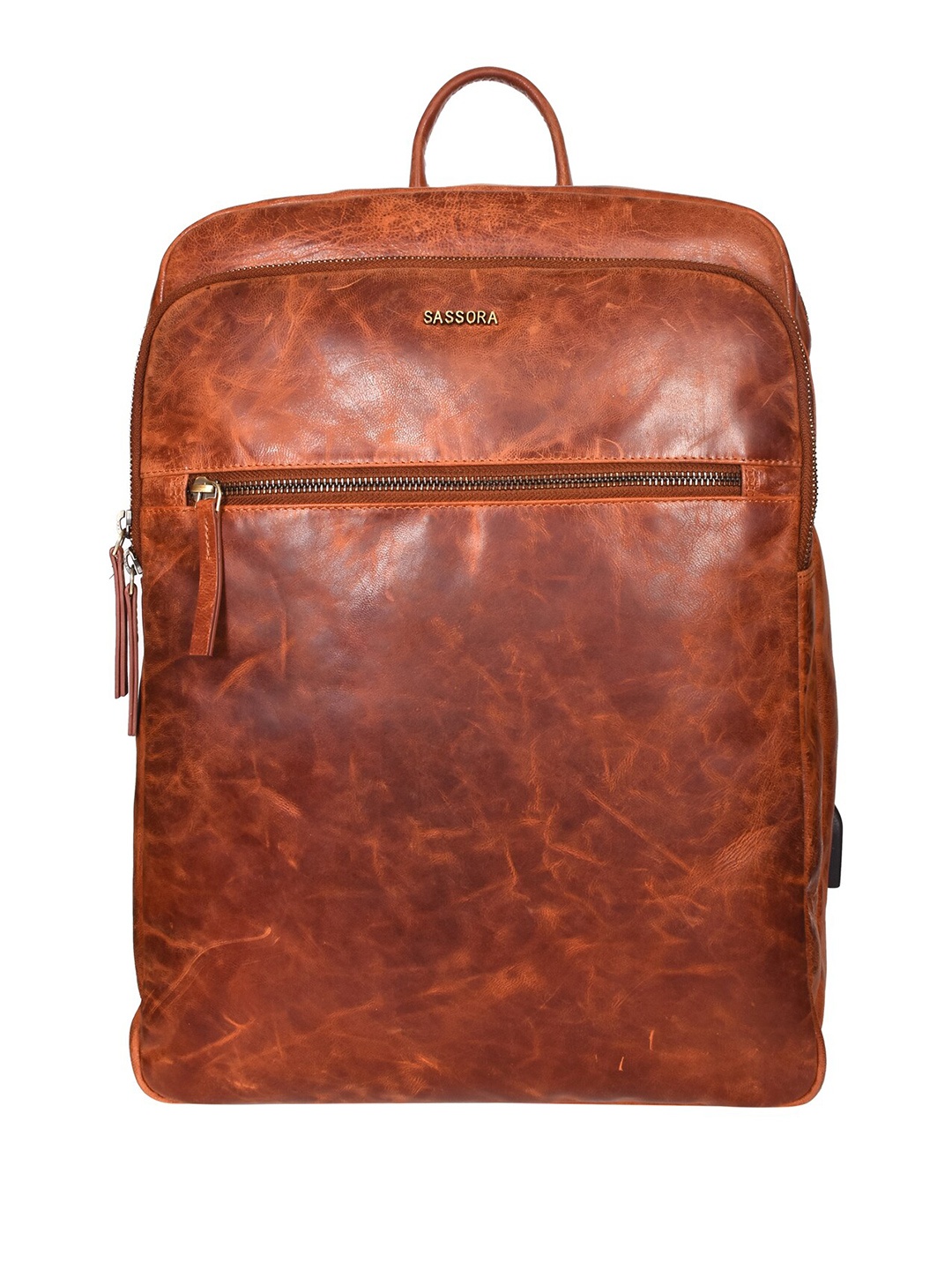 

Sassora Unisex Leather Backpack with USB Charging Port, Tan
