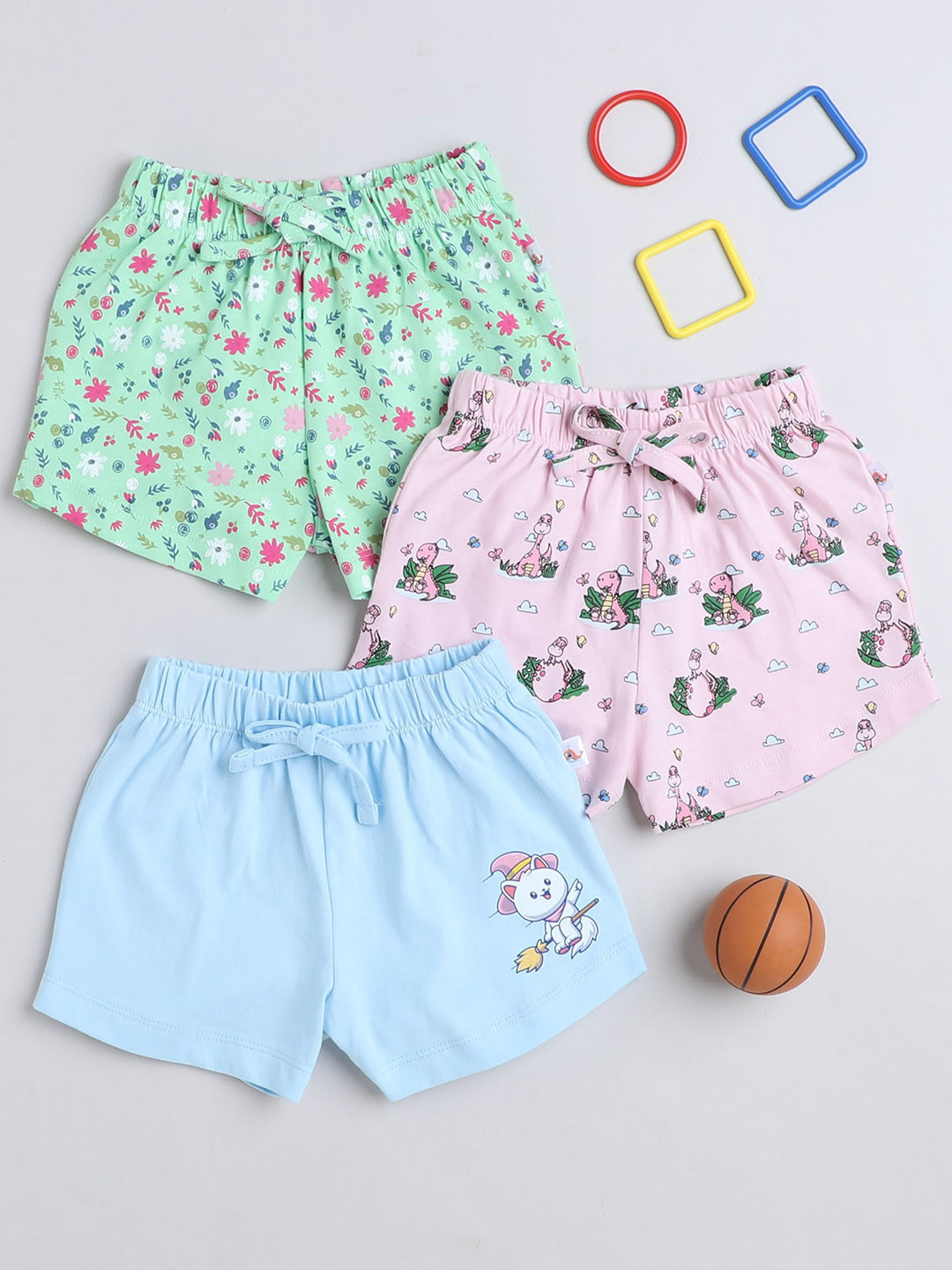 

BUMZEE Girls Pack Of 3 Floral Printed Cotton Shorts, Green