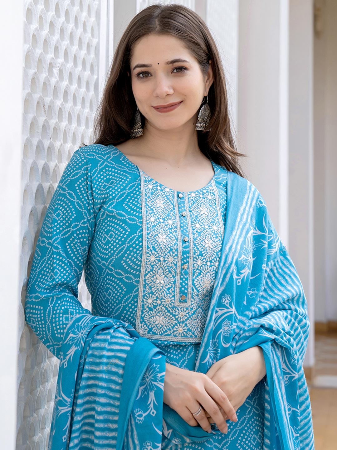 AHIKA Women Bandhani Printed Mirror Work Straight Kurta with Trouser & Dupatta, Blue