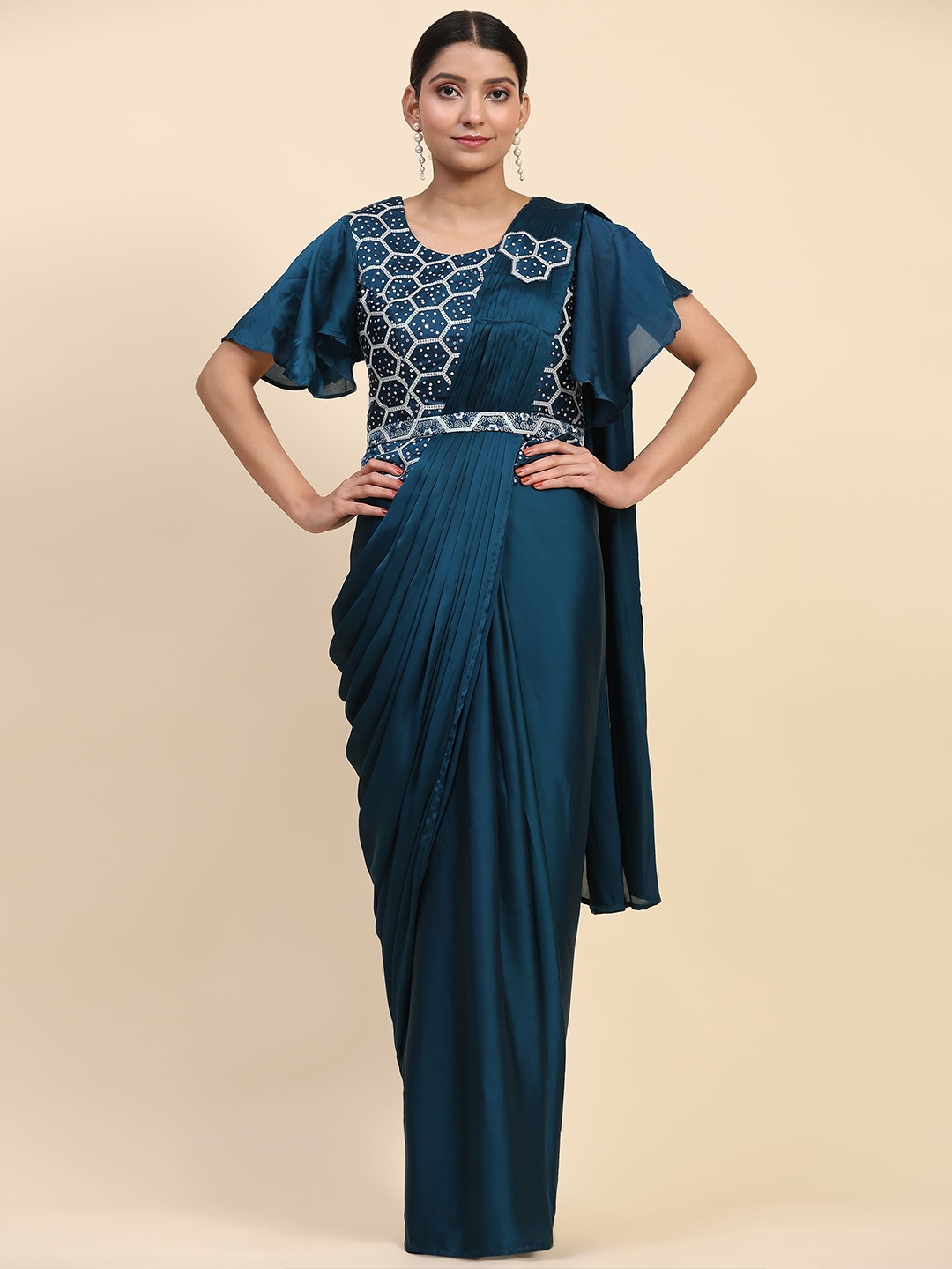 

AMOHA TRENDZ Embroidered Satin Ready to Wear Saree With Belt, Teal