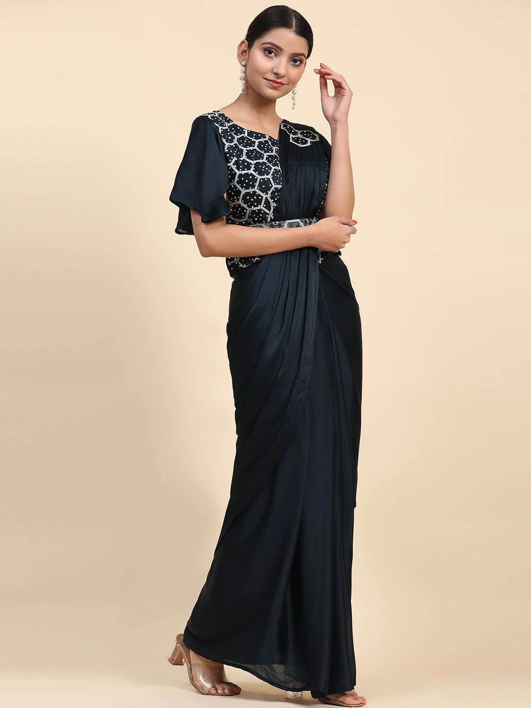 

AMOHA TRENDZ Embroidered Satin Ready to Wear Saree With Belt, Blue