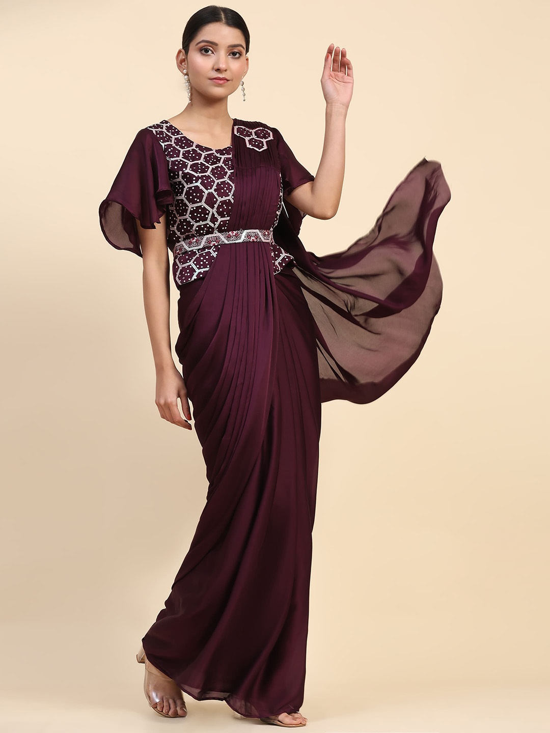

AMOHA TRENDZ Embroidered Satin Ready to Wear Saree With Belt, Teal