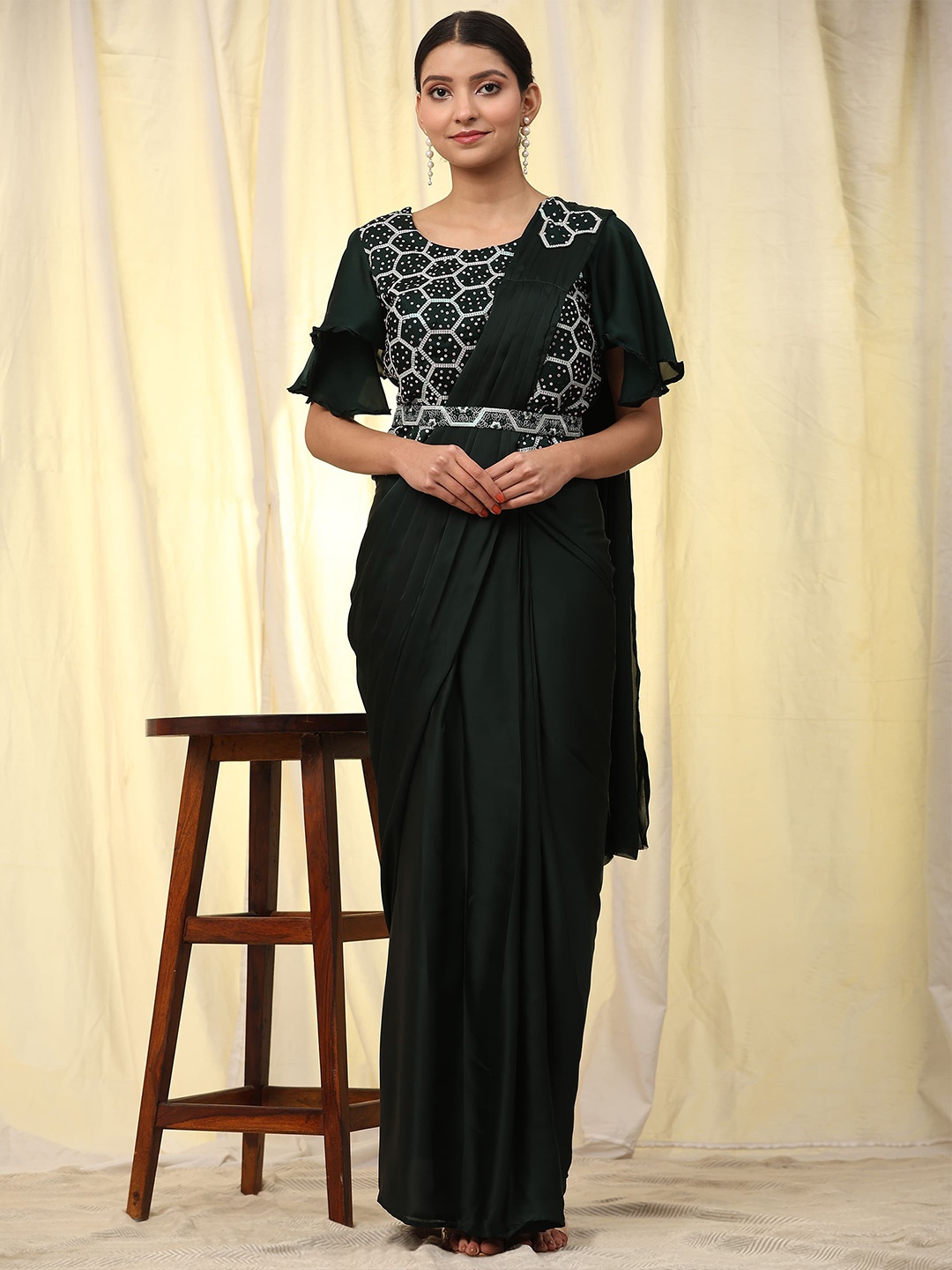 

AMOHA TRENDZ Embroidered Satin Ready to Wear Saree With Belt, Green