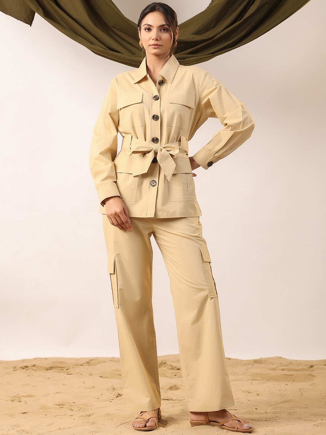 

JISORA Shirt Collar Long Sleeves Pure Cotton Shirt & Trouser, Beige