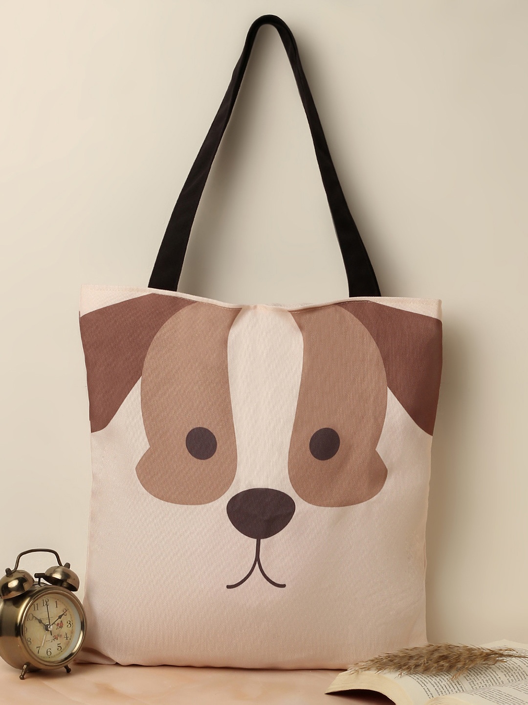 The Purple Tree Printed Shopper Tote Bag with Applique, Beige