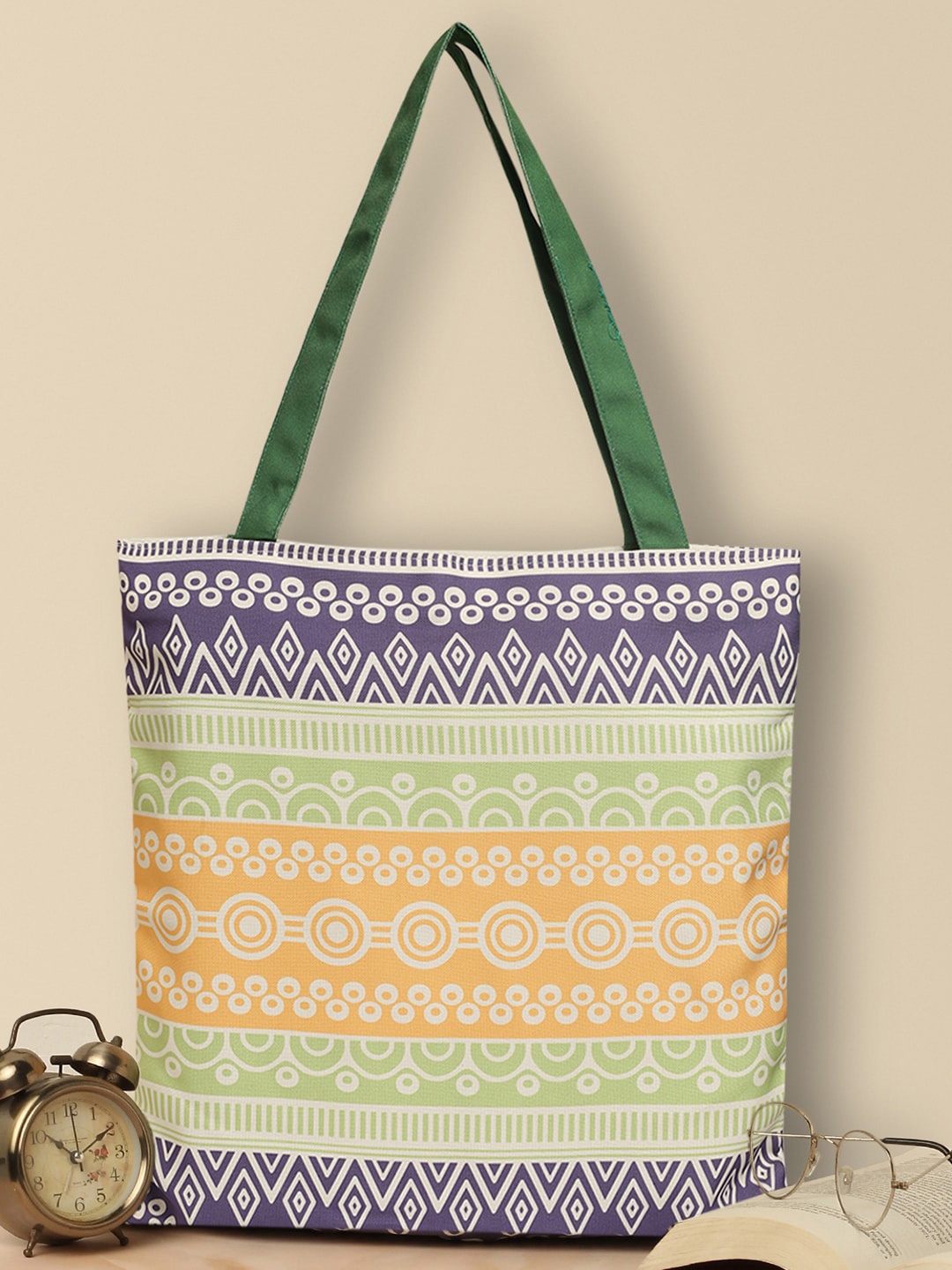 

The Purple Tree Geometric Printed Structured Tote Bag, Green