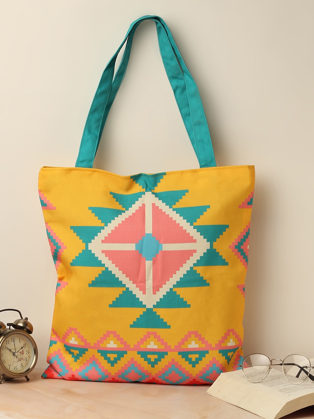 

The Purple Tree Geometric Printed Structured Tote Bag, Yellow