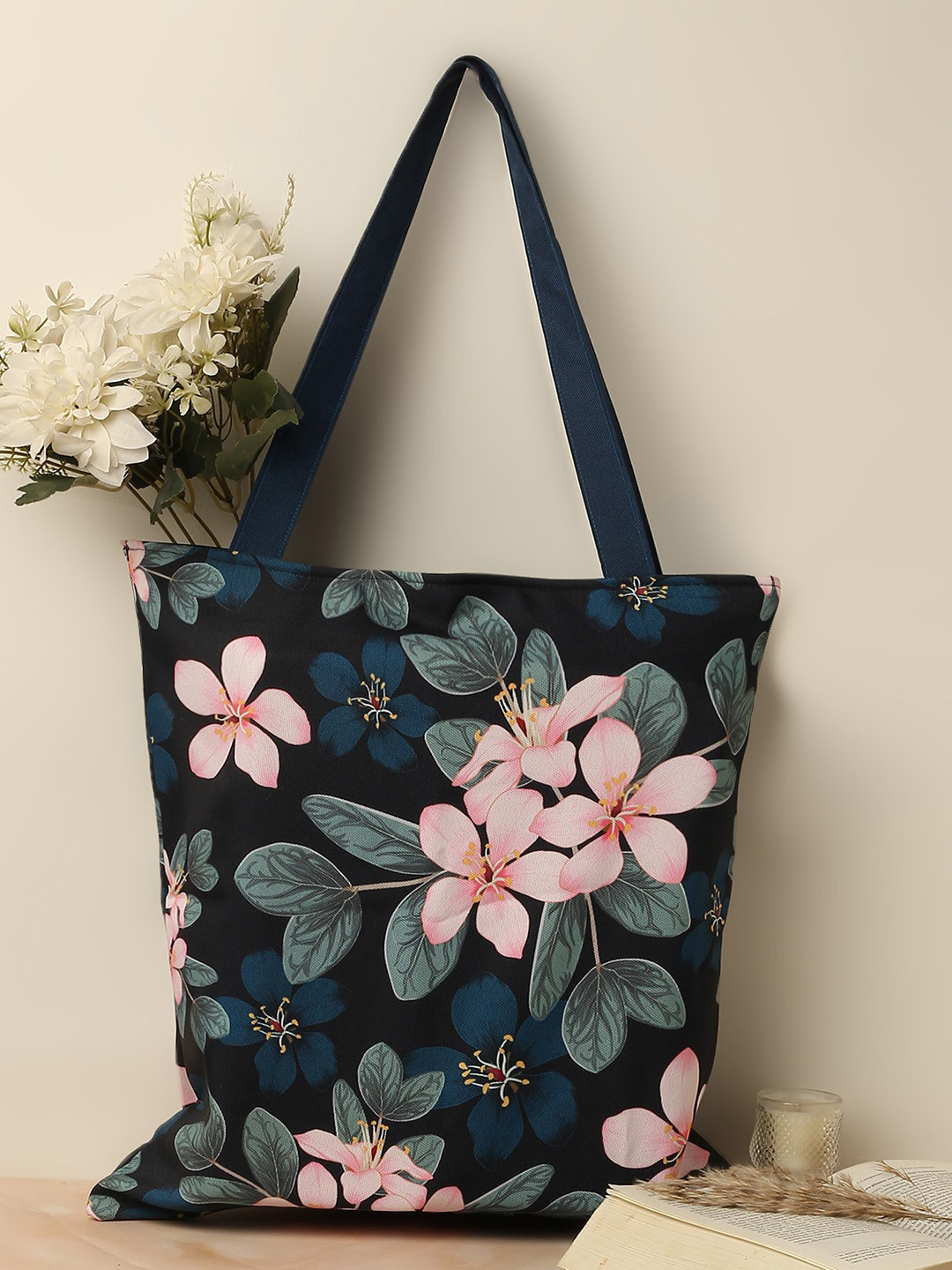 

The Purple Tree Floral Structured Handheld Bag with Applique, Black