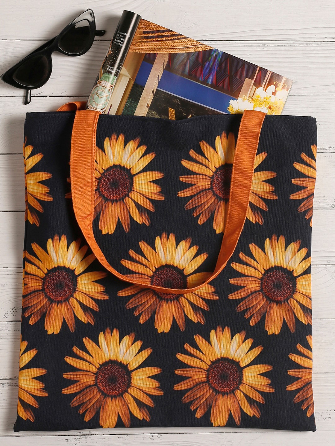 

The Purple Tree Floral Printed Structured Canvas Tote Bag, Black