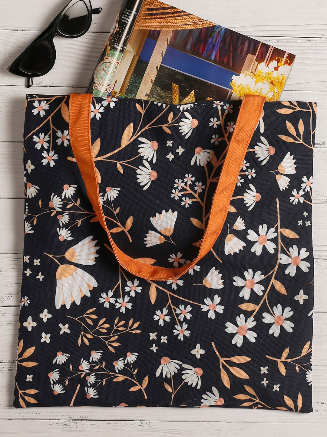 

The Purple Tree Floral Printed Oversized Shopper Tote Bag with Tasselled, Black