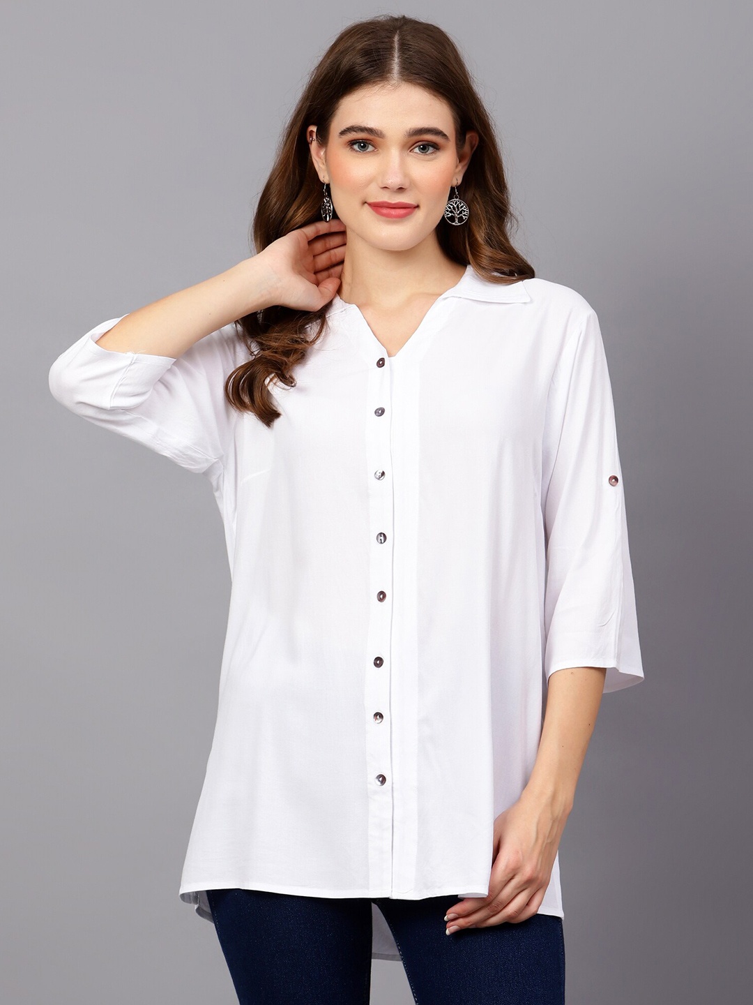 

Indietoga Solid Rayon Longline Casual Shirt, White