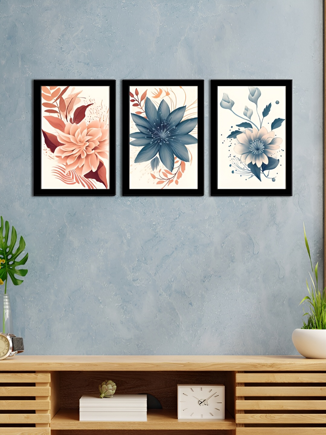 

WENS Black & Blue 3 Pieces Synthetic Wooden Floral and Botanical Paintings Wall Art