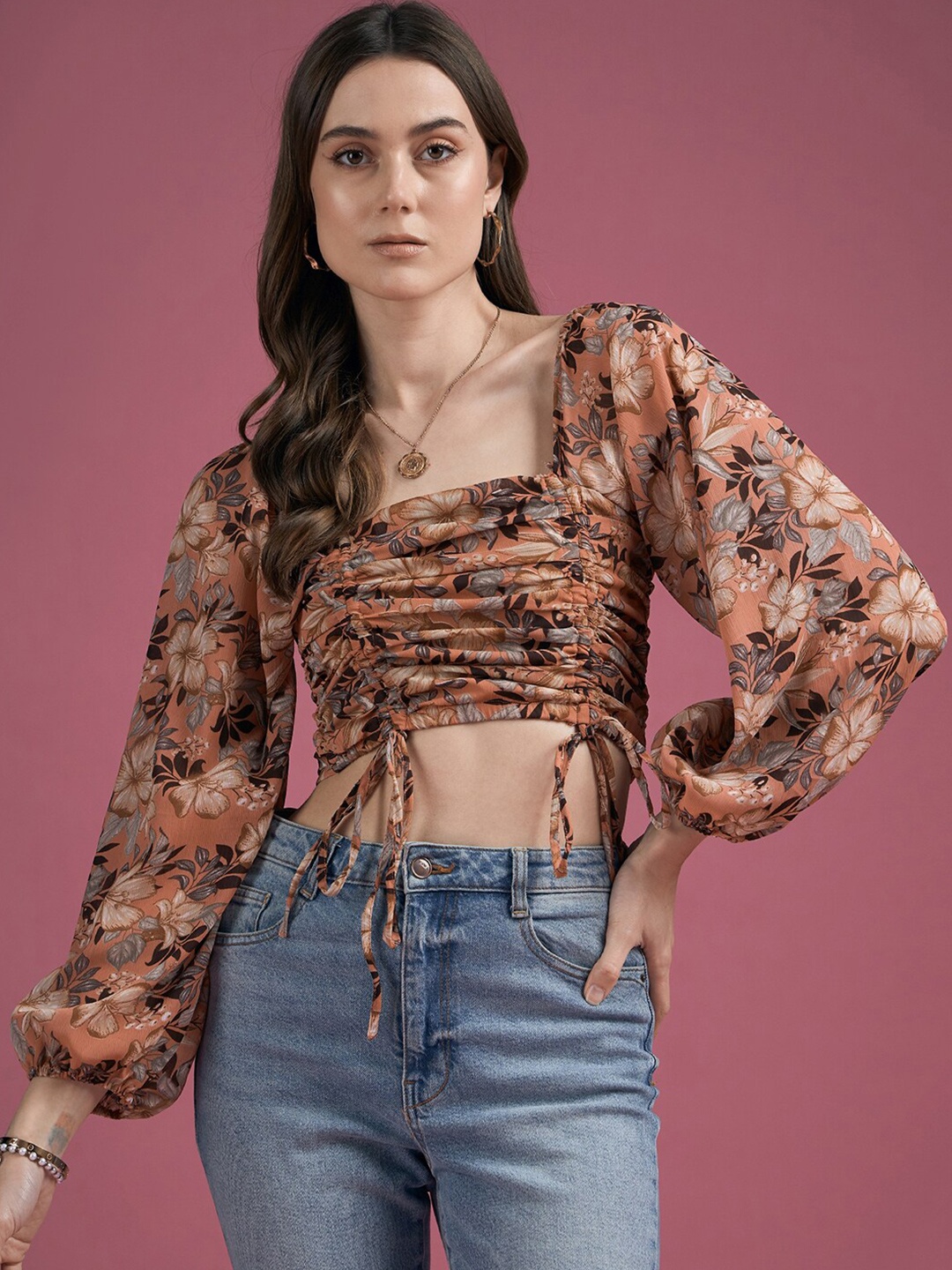 

DressBerry Floral Print Crepe Styled Back Top, Rust