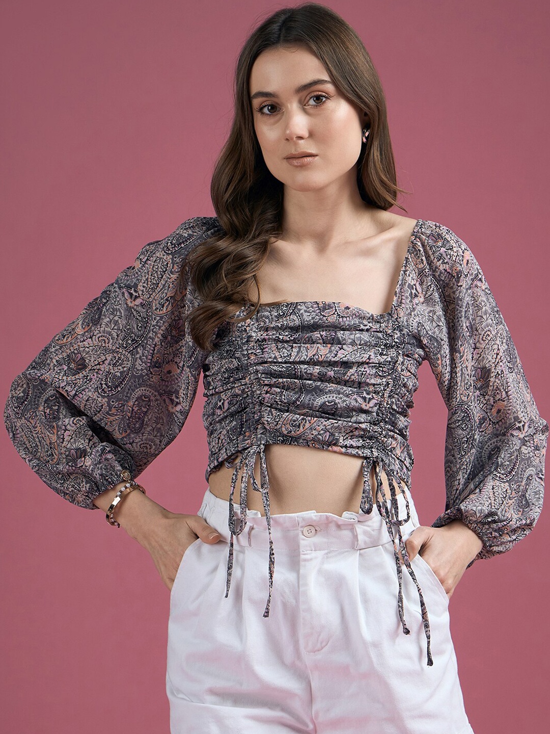 

DressBerry Print Cold-Shoulder Crepe Crop Top, Grey