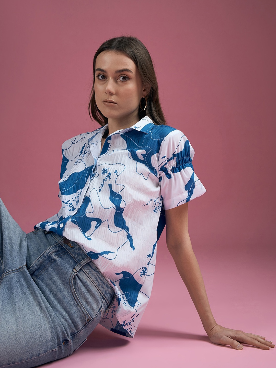 

DressBerry Floral Print Bell Sleeve Crepe Shirt Style Top, Blue