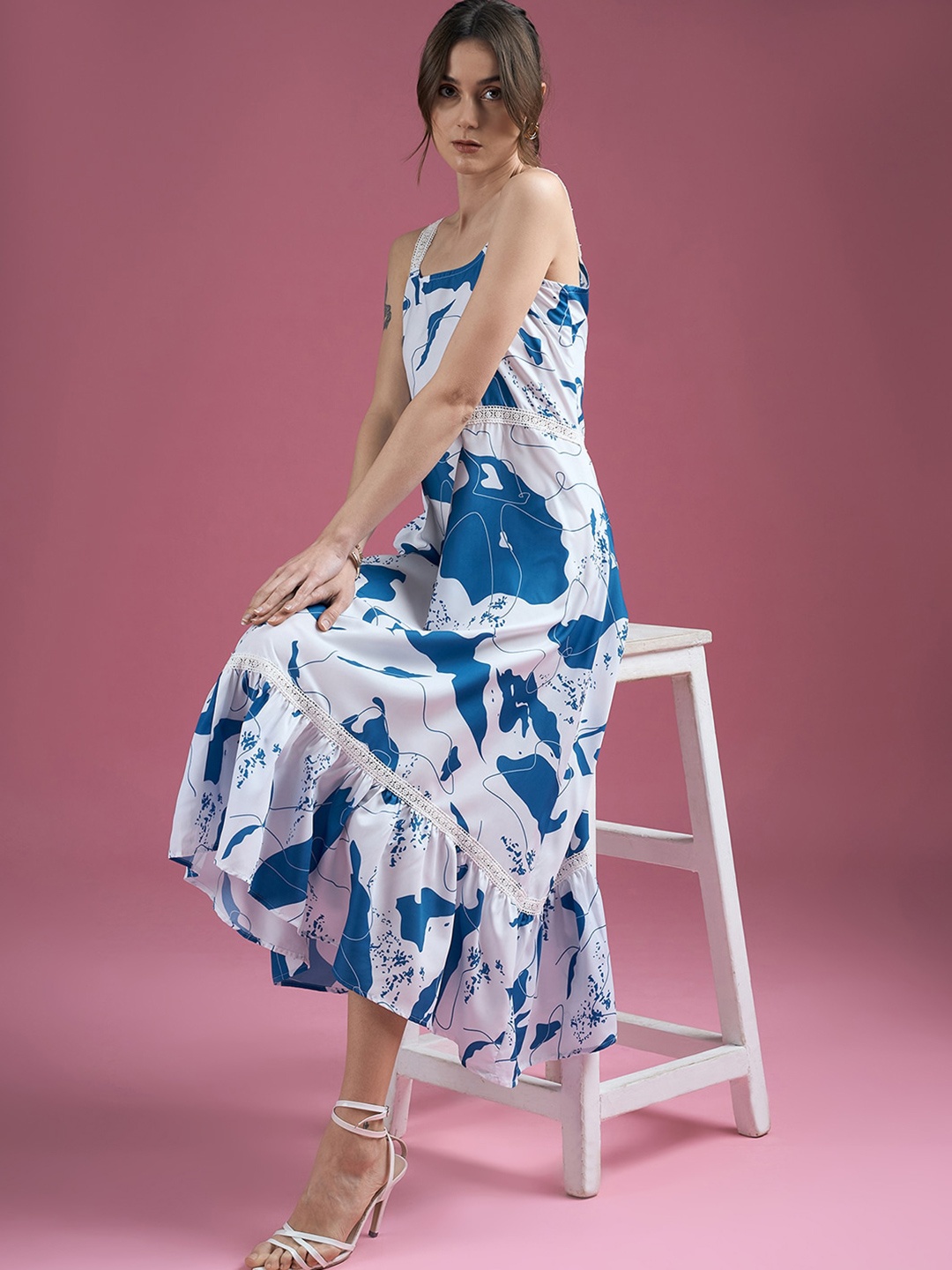 

DressBerry White Floral Printed Crepe A-Line Midi Dress