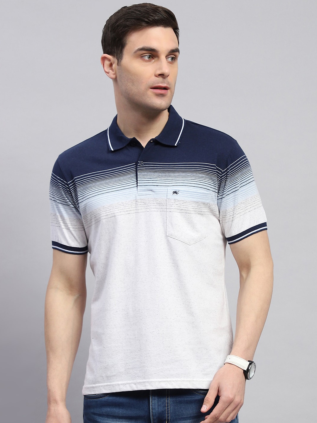 

Monte Carlo Men Striped Polo Collar Pockets T-shirt, Navy blue