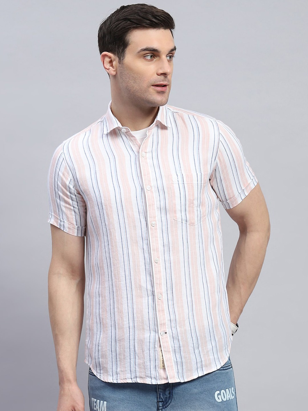 

Monte Carlo Men Classic Opaque Striped Casual Shirt, Peach