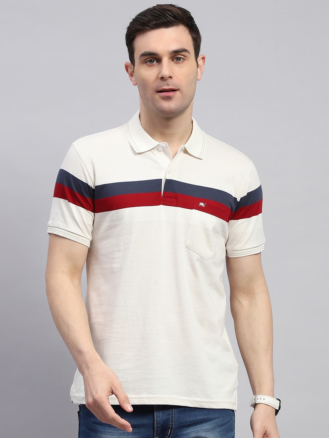 

Monte Carlo Men Striped Polo Collar Pockets T-shirt, Cream